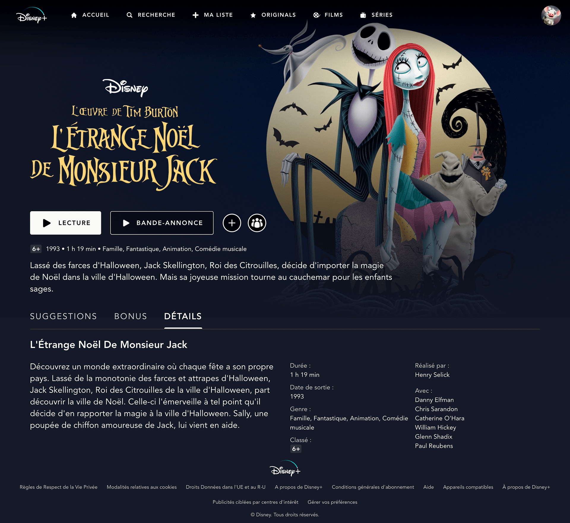 Page du film L'étrange Noël de Mr Jack sur Disney+ avec une mise en page en colonne des informations